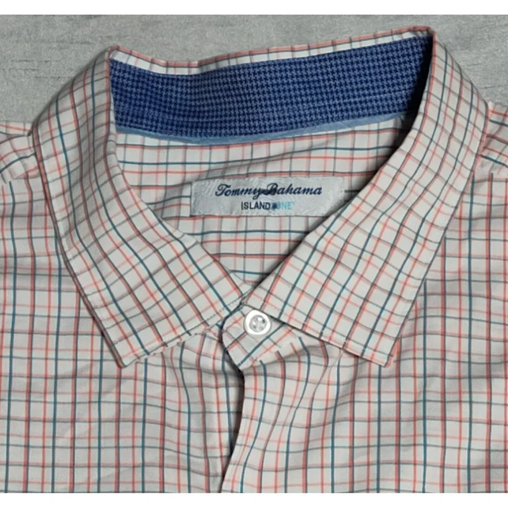 TOMMY BAHAMA ISLAND ZONE Men XL Teal‎ Orange Windowpane Pima Cotton Shirt EUC